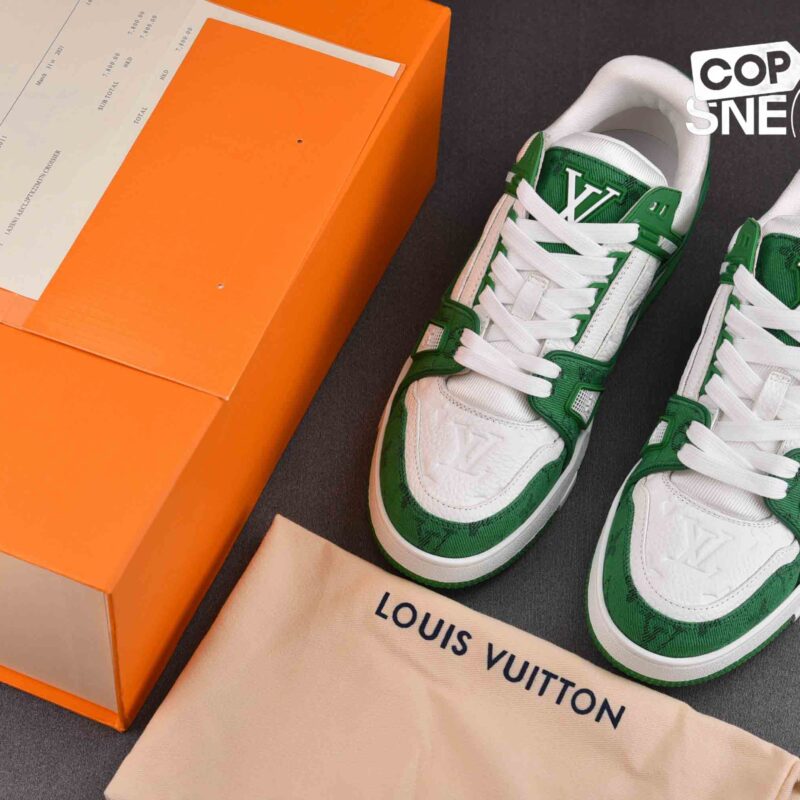 Giày Louis Vuitton LV Trainer Green Monogram Denim White Best Quality